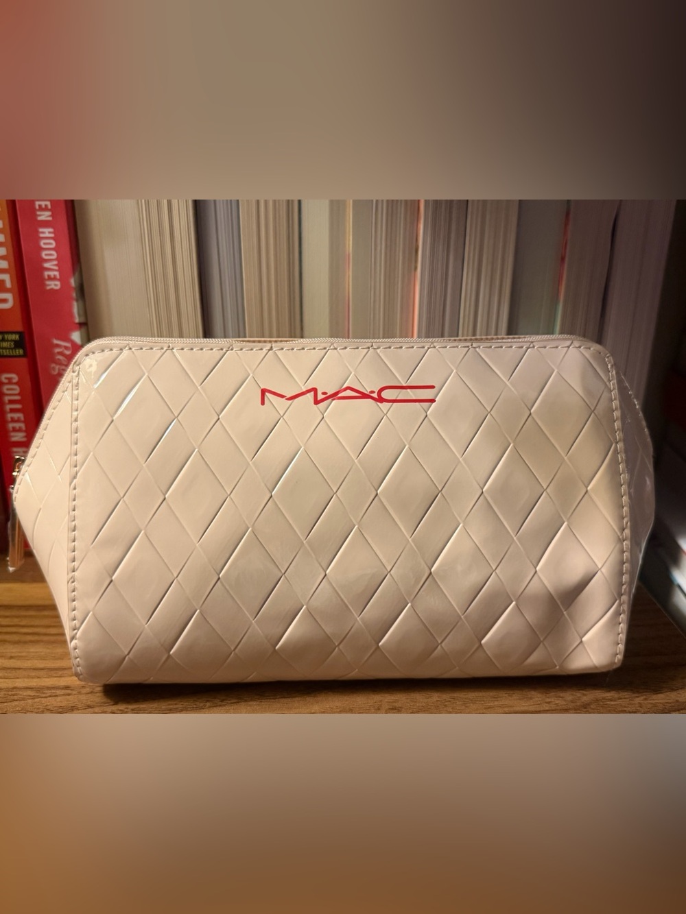 MAC Cosmetics Quilted Glossy Cosmetic Pouch in Cream with Red Logo